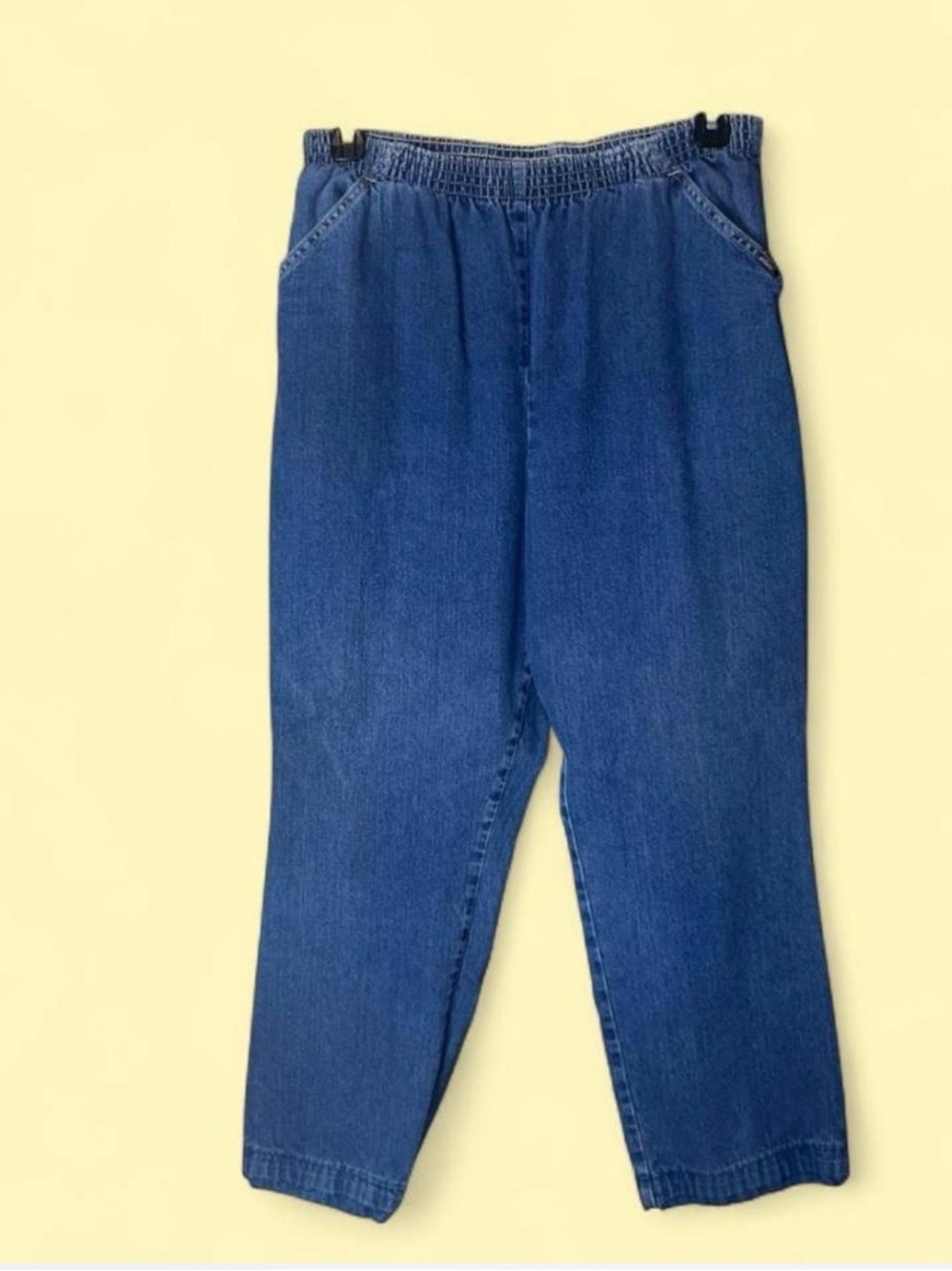 CHIC Blue Denim Pants Elastic Waist Pockets Relaxed Straight Leg High Rise 16